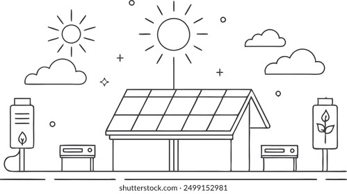 A house with solar panels on the roof and a bench in front of it. The house is surrounded by a park with benches and a few trees