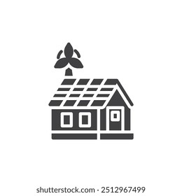 House with solar panels on the roof and a wind turbine vector icon. filled flat sign for mobile concept and web design. Eco House glyph icon. Symbol, logo illustration. Vector graphics