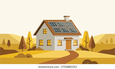 House with solar panels set in autumn landscape for eco living use