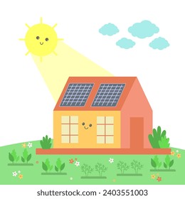 House with solar panels and sun. Photovoltaic solar energy panels. Ecological sustainable energy concept. Cute cartoon vector illustration.