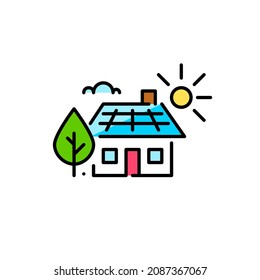 House with solar panels. Sustainable living alternative energy source. Pixel perfect, editable stroke colorful icon