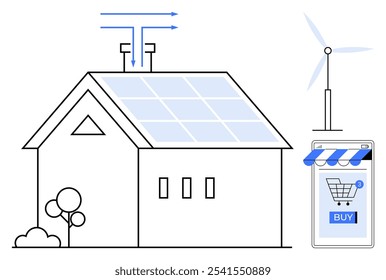 House with solar panels, trees, wind turbine and smartphone with shopping cart. Ideal for renewable energy, sustainable living, online shopping, eco-friendly products, and smart home solutions