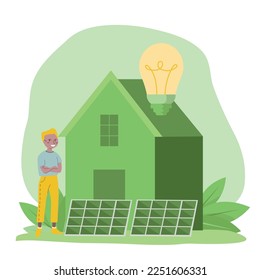 House with solar panels. Vector illustration in flat style. Modern eco private house with solar energy panels and smart home technology. Renewable energy and sustainability concept.