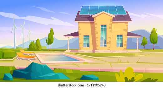 House with solar panels and wind mills. Eco friendly home, modern building on nature landscape with trees and swimming pool. Green renewable energy, organic architecture, Cartoon vector illustration