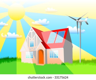 House with solar panels and wind power