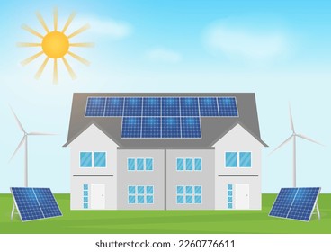 House with Solar Panels and Wind Turbines. Alternative and Renewable energy sources. Green energy electricity concept element.