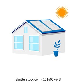 House with solar roof panels. Green energy, ecology concept. Energy design. Flat vector illustration isolated on white background.