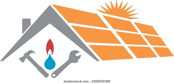 House, solar, tools, water drops and flame, plumber, handyman, environment and energy logo