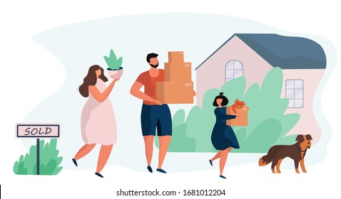 House Sold To Family.Family Characters 
Have Bought New House.Property Selling.Buying Real Estate Apartments.Moving Home.Wife,Husband,Dog.Relocation Process.Flat Vector Illustration 