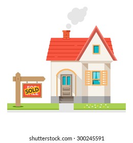 The house is sold. The house and sign in the foreground with the information. Vector illustration in flat style