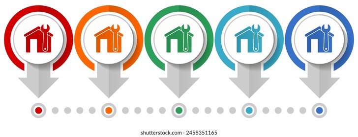 Conjunto de iconos de Vector de casa y llave inglesa, Plantilla infográfica de diseño plano, conjunto de iconos de concepto de puntero en 5 opciones de color para diseño web y aplicaciones móviles