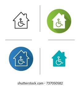 House with special facilities icon. Flat design, linear and glyph color styles. Handicap hospital. Isolated vector illustrations