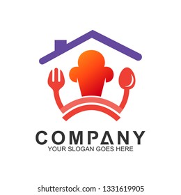 house with spoon fork and chef hat logo design, food and cooking vector, restaurant logo, home kitchen