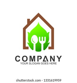 house with spoon, fork and leaf logo, food and cooking vector, restaurant logo, home kitchen