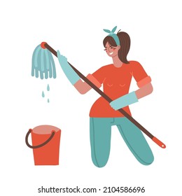 House spring cleaning with fun. Happy housewife singing during cleanup, dancng with mop, enjoying domestic work. Female maid tidying her home with pleasure concept. Vector illustration