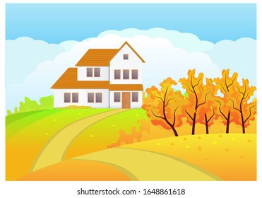 House in spring or summer season, with fields of grass, cloud and beautiful shining sky background