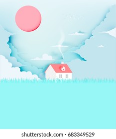 House in Spring Summer season in paper art style with pastel color scheme vector illustration