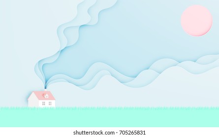 House in Spring Summer season in paper art style with pastel color scheme vector illustration