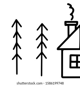 House with spruce. Linear drawing. Vector drawing. On a white background.