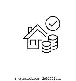 Casa, pila de monedas y marca de verificación. Edificios residenciales, inversión inmobiliaria. Finca verificada. Icono de Vector de trazo perfecto y editable