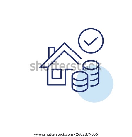 House, stack of coins and checkmark. Residential buildings, property investment. Verified estate. Pixel perfect, editable stroke vector icon