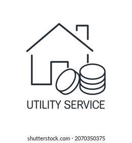 House and a stack of coins. Communal payment. Utility service. Vector linear icon isolated on white background.