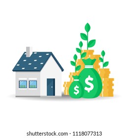 House with stack of coins. Flat design real estate business concept. Vector illustration