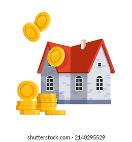 House with a stack of golden coins. Rent and buying a property concept. Flat vector illustration on white
