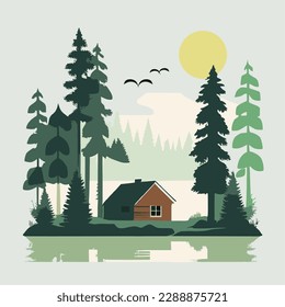 House standing alone in the middle of the pine tree and with sunset background. Vector Art