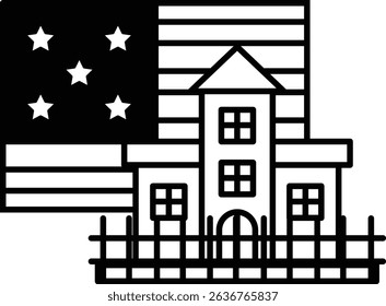 A house with a star and American flag in the background. The house is surrounded by a fence