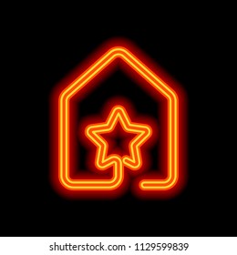 house with star icon. line style. Orange neon style on black background. Light icon