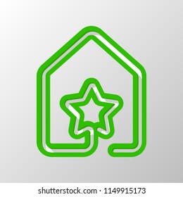 house with star icon. line style. Paper style. Cut symbol with green bold contour on shape and simple shadow