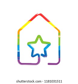 house with star icon. line style. Drawing sign with LGBT style, seven colors of rainbow (red, orange, yellow, green, blue, indigo, violet