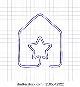 house with star icon. line style. Hand drawn picture on paper sheet. Blue ink, outline sketch style. Doodle on checkered background