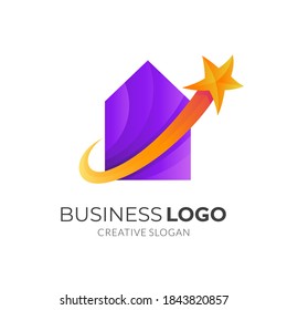 house star logo, house and star, combination logo with 3d purple and yellow color style
