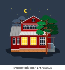 House in star night. Cartoon rustic cottage with light in windows among trees, night sky with luminous stars and moon over roof, vector illustration isolated on dark background