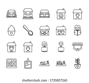 house and Stay home icon set over white background, line style, vector illustration