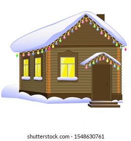 House stock vector isolated image 3d. Vector image of a single-storey wooden house the snow  on a white background. The concept of a cozy warm house. Winter  image