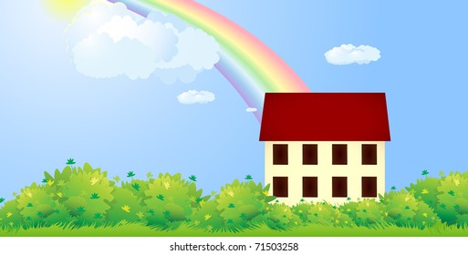 The house stood on a green meadow, among the bushes against the blue sky with rainbow