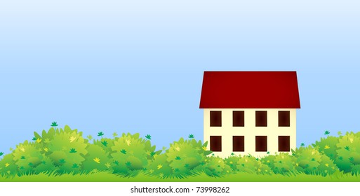 The house stood on a green meadow, among the bushes on blue sky background