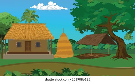 A house with a straw roof and a straw bale hut. The house is surrounded by trees and a field. Indian village road landscape