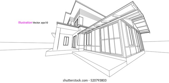 House Structure Architecture Abstract Drawing, 3d Illustration Vector