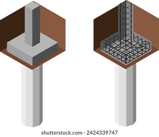 house and the structure of the building , Pile supports for loads and the installation of reinforced concrete foundations ,3d rendering