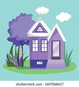 estructura de la casa jardín árbol de la escena botánica caricatura ilustración vectorial