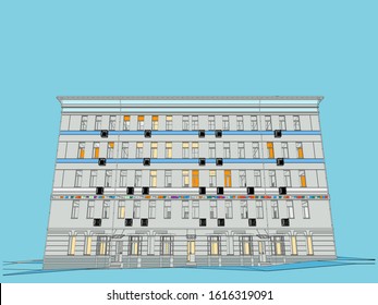 House in the style of the 50s, 3d, architecture, facade, in old town constructed in 1950s. Vector.