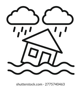House submerged in floodwaters with rain falling from clouds natural disaster outline vector icon line art disaster