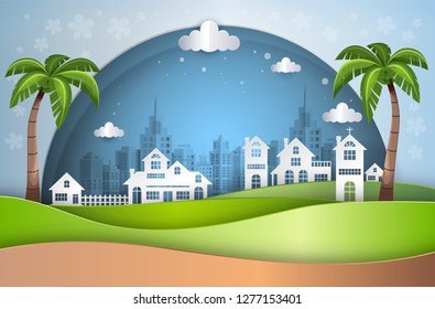 House at suburb community in color paper art style, vector illustration graphic