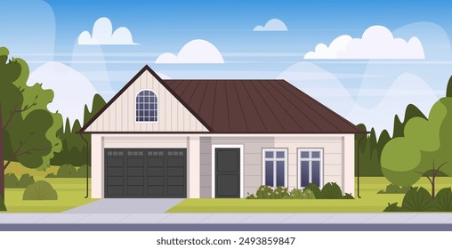 House in suburb at Summer, residential cottage, real estate countryside building exterior. Home facade with garage, garden, trees, shrubs, driveway, green lawn in front yard and blue sky background. 