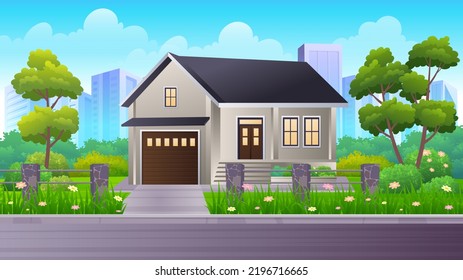 House in the suburbs, Residential cozy house with Street, green lawn, bush and trees vector illustration