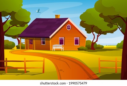 A house in a summer forest. The forester's hut in the clearing among the trees. Country cottage among the greenery with a bench for relaxing in nature. Stock vector illustration. 
